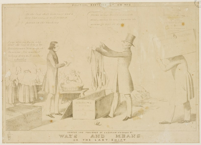 Parramatta Female Factory, c1844, Edward Winstanley, "Ways and Means or the Last Shift." Convict women. Laundry.