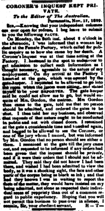 “Coroner’s Inquest Kept Private. To the Editor of The Australian, Parramatta, November 17, 1829,” The Australian (Sydney, NSW: 1824 – 1848), Friday 20 November 1829, p. 3
