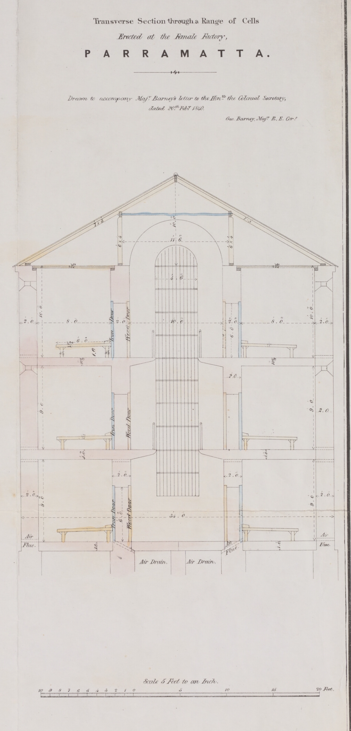 Alexander Maconochie (1787–1860), "Transverse Section through a Range of Cells Erected at the Female Factory, Parramatta" abstract of Alexander Maconochie, Range of solitary cells erected at the Female Factory at Parramatta: accompanying plans and estimates of buildings proposed by Captn. Maconochie, R.N. / [drafted with corrections by] H.H. Lugard, Lt. R.E.; [originally designed by Francis Greenway], ([London]: James & Luke J., Hansard Printers; Ordered by the House of Commons to be printed 15 June, 1841). Courtesy of National Library of Australia, MAP RM 4336, nla.obj-232459237.