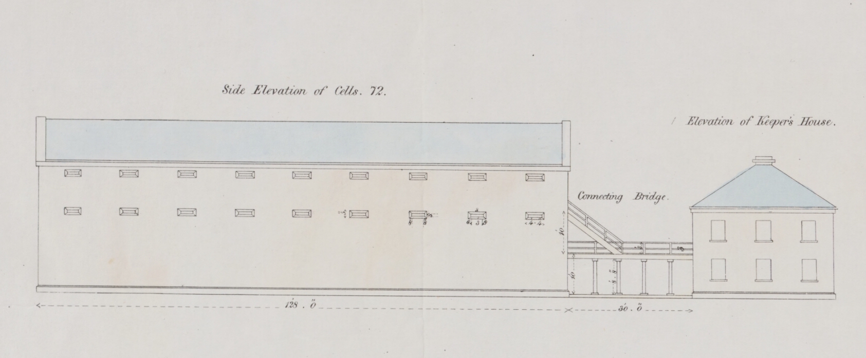 Alexander Maconochie (1787–1860), "Side Elevation of Cells, Elevation of Keeper's House," abstract of Alexander Maconochie, Range of solitary cells erected at the Female Factory at Parramatta: accompanying plans and estimates of buildings proposed by Captn. Maconochie, R.N. / [drafted with corrections by] H.H. Lugard, Lt. R.E.; [originally designed by Francis Greenway], ([London]: James & Luke J., Hansard Printers; Ordered by the House of Commons to be printed 15 June, 1841). Courtesy of National Library of Australia, MAP RM 4336, nla.obj-232459237.