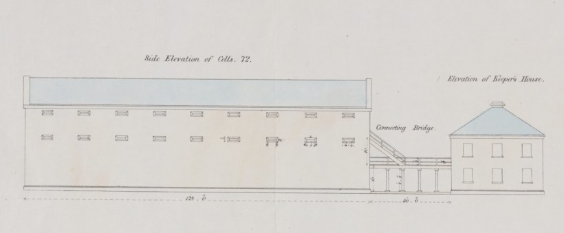 Alexander Maconochie (1787–1860), "Side Elevation of Cells, Elevation of Keeper's House," abstract of Alexander Maconochie, Range of solitary cells erected at the Female Factory at Parramatta: accompanying plans and estimates of buildings proposed by Captn. Maconochie, R.N. / [drafted with corrections by] H.H. Lugard, Lt. R.E.; [originally designed by Francis Greenway], ([London]: James & Luke J., Hansard Printers; Ordered by the House of Commons to be printed 15 June, 1841). Courtesy of National Library of Australia, MAP RM 4336, nla.obj-232459237.