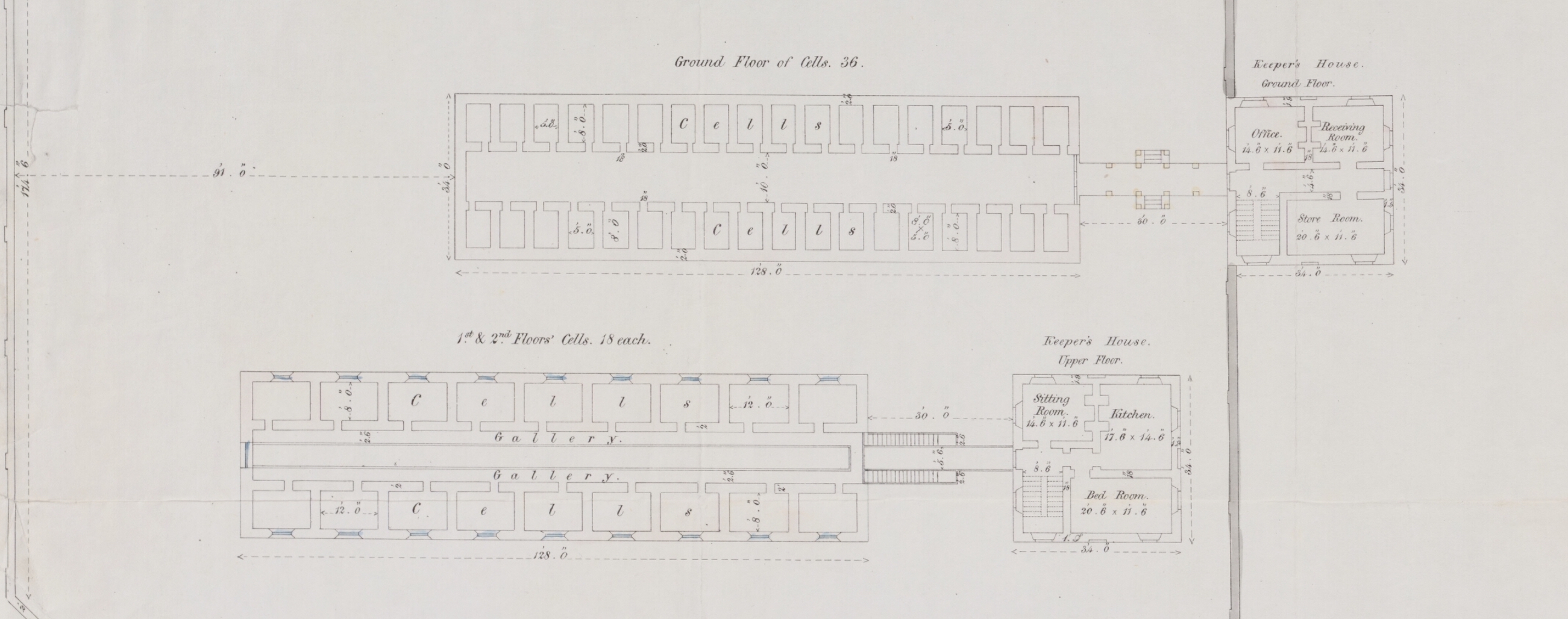Alexander Maconochie (1787–1860), Plan of "Ground Floor of Cells, 1st & 2nd Floor Cells, Keeper's House," abstract of Alexander Maconochie, Range of solitary cells erected at the Female Factory at Parramatta: accompanying plans and estimates of buildings proposed by Captn. Maconochie, R.N. / [drafted with corrections by] H.H. Lugard, Lt. R.E.; [originally designed by Francis Greenway], ([London]: James & Luke J., Hansard Printers; Ordered by the House of Commons to be printed 15 June, 1841). Courtesy of National Library of Australia, MAP RM 4336, nla.obj-232459237.