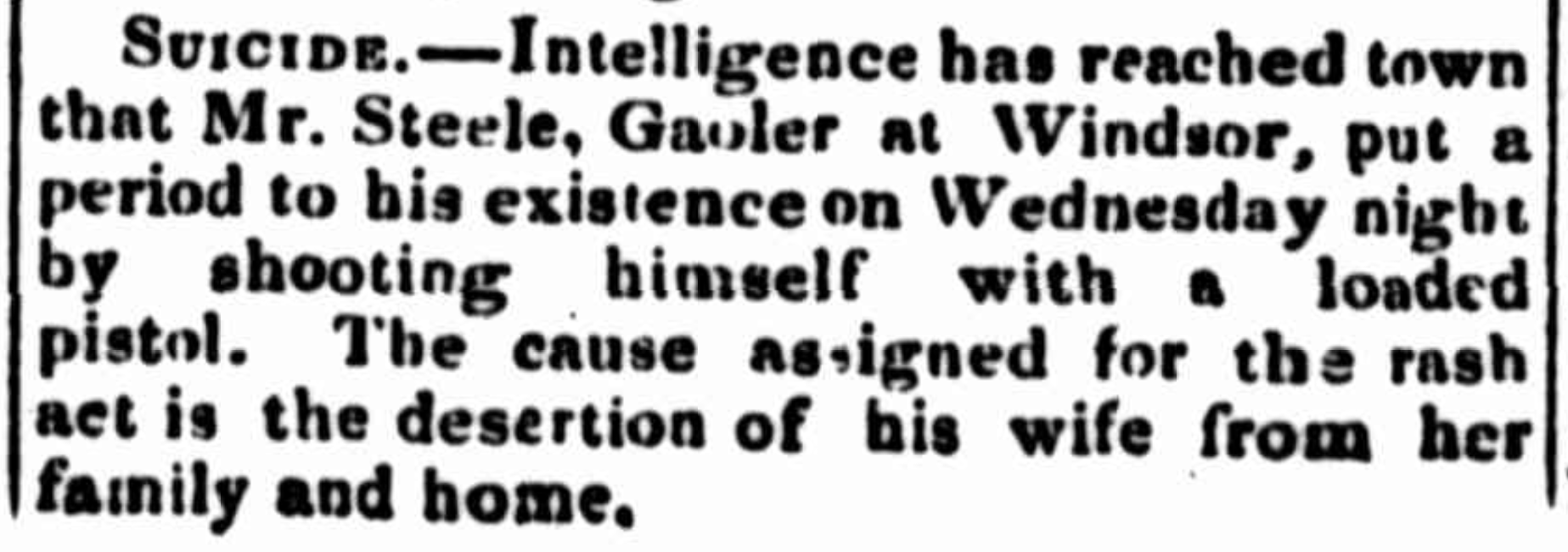 Newspaper report of Windsor Gaoler, George Steele's suicide in January 1839. Sydney Monitor and Commercial Advertiser. News of the Day. Female Factory Online. Irish Unassisted Immigrant.
